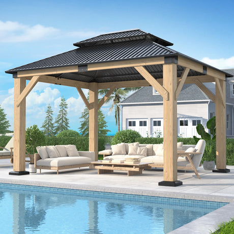 GARTOO 10' x 12' Outdoor Wooden Gazebo - Patio Hardtop Gazebo Permanent Wooden Pavilion with Galvanized Steel Double Roof, Cedar Wood Gazebos for Garden, Lawn, Poolside, Backyard Deck GARTOO