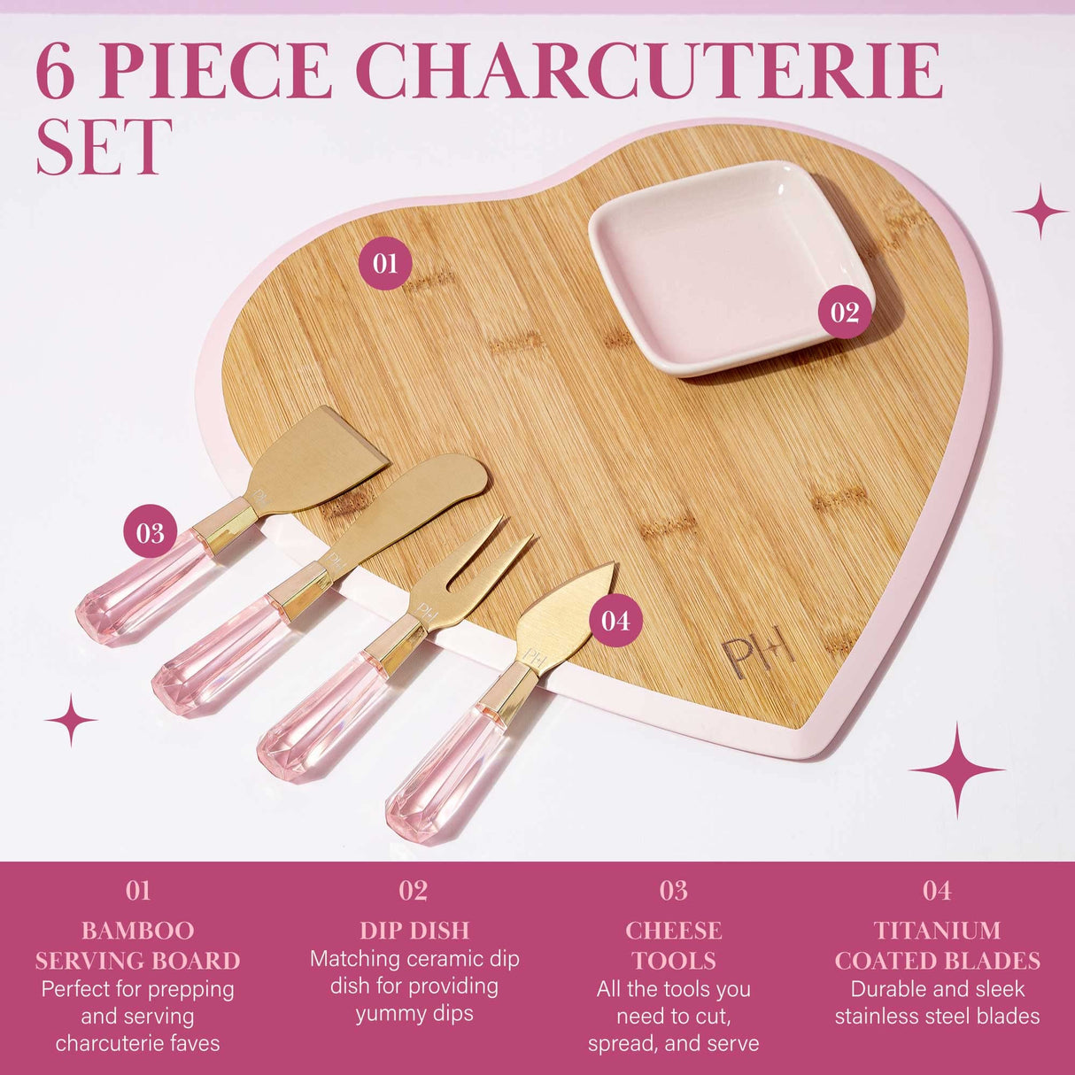 Paris Hilton Charcuterie Board and Serving Set, Bamboo Serving Board, Ceramic Dish, Cheese Utensils with Titanium Coated Blades, 6-Piece Set, Pink Paris Hilton