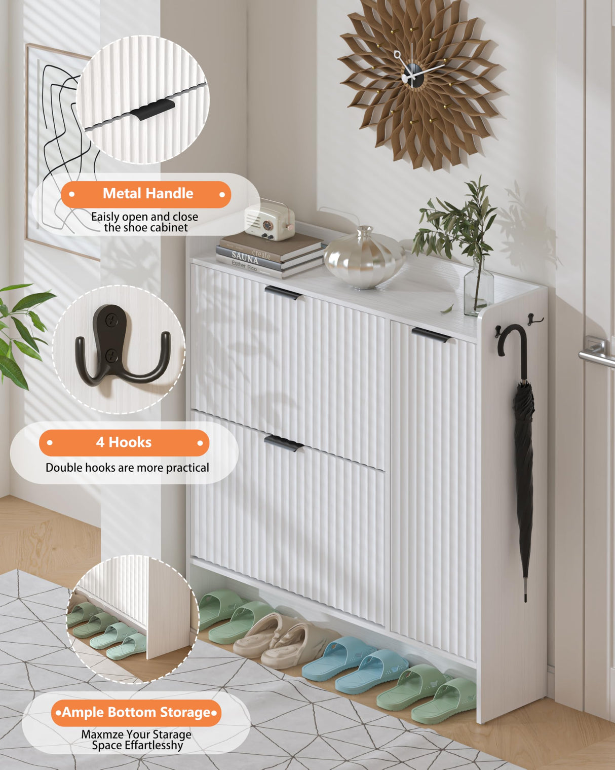 Piskyet Shoe Storage Cabinet with 2 Flip Drawers and Boot Cabinet, Morden Fluted Narrow Shoes Rack Organizer for Entryway with Anti-tilt Device,Hidden Handles Piskyet