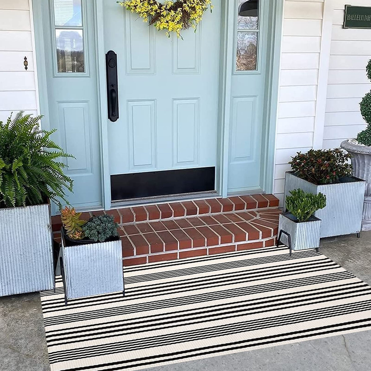 Black and White Striped Outdoor Rug 24'' x 51''Farmhouse Front Porch Mat Hand-Woven Machine Washable Layered Door Mats for Entryway/Bedroom BUAGETUP