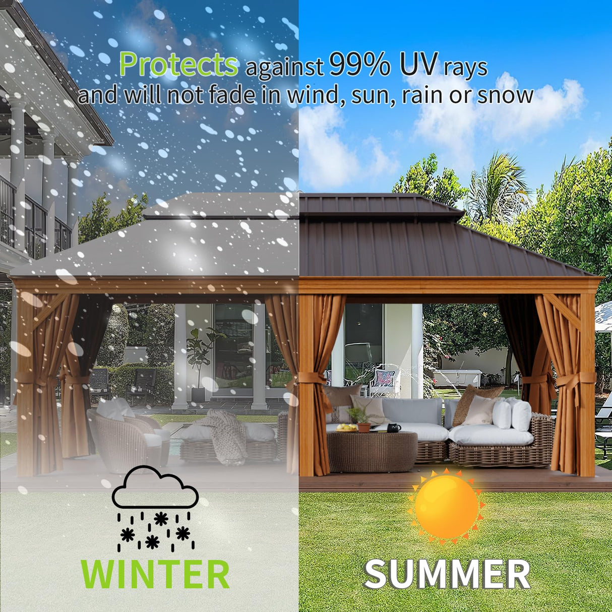 Aoxun 12' x 20' Hardtop Gazebo, Wooden Finish Coated Aluminum Frame Canopy, Galvanized Steel Double Top, Outdoor Permanent Metal Pavilion with Aoxun