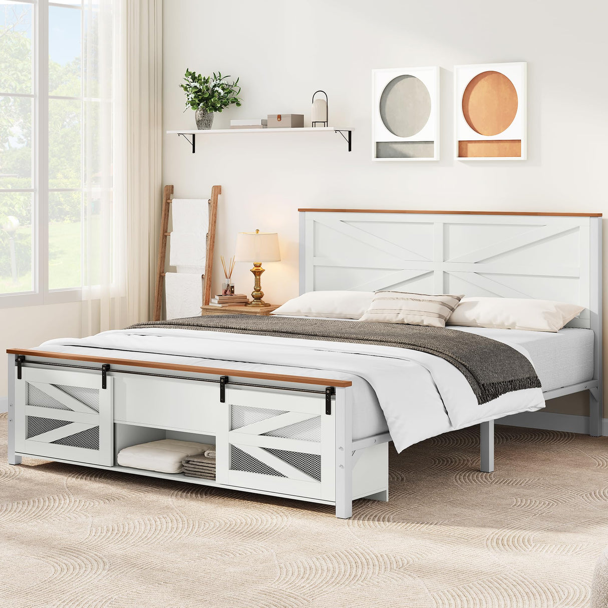 YITAHOME Farmhouse Queen Size Bed Frame with Sliding Barn Door Storage Cabinets, Farmhouse Platform Bed Frame with Headboard Solid Metal Slats Support, Noiseless, No Box Spring Needed, White YITAHOME