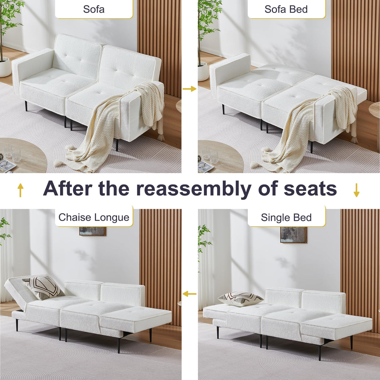 Furnify Small Loveseat for Living Room, 67" Sleeper Sofa Couch, Modern Futon with Adjustable Backrest, Comfy Two Seater Sofa for Bedroom Apartment Office, Teddy Fleece Fabric - White Furnify