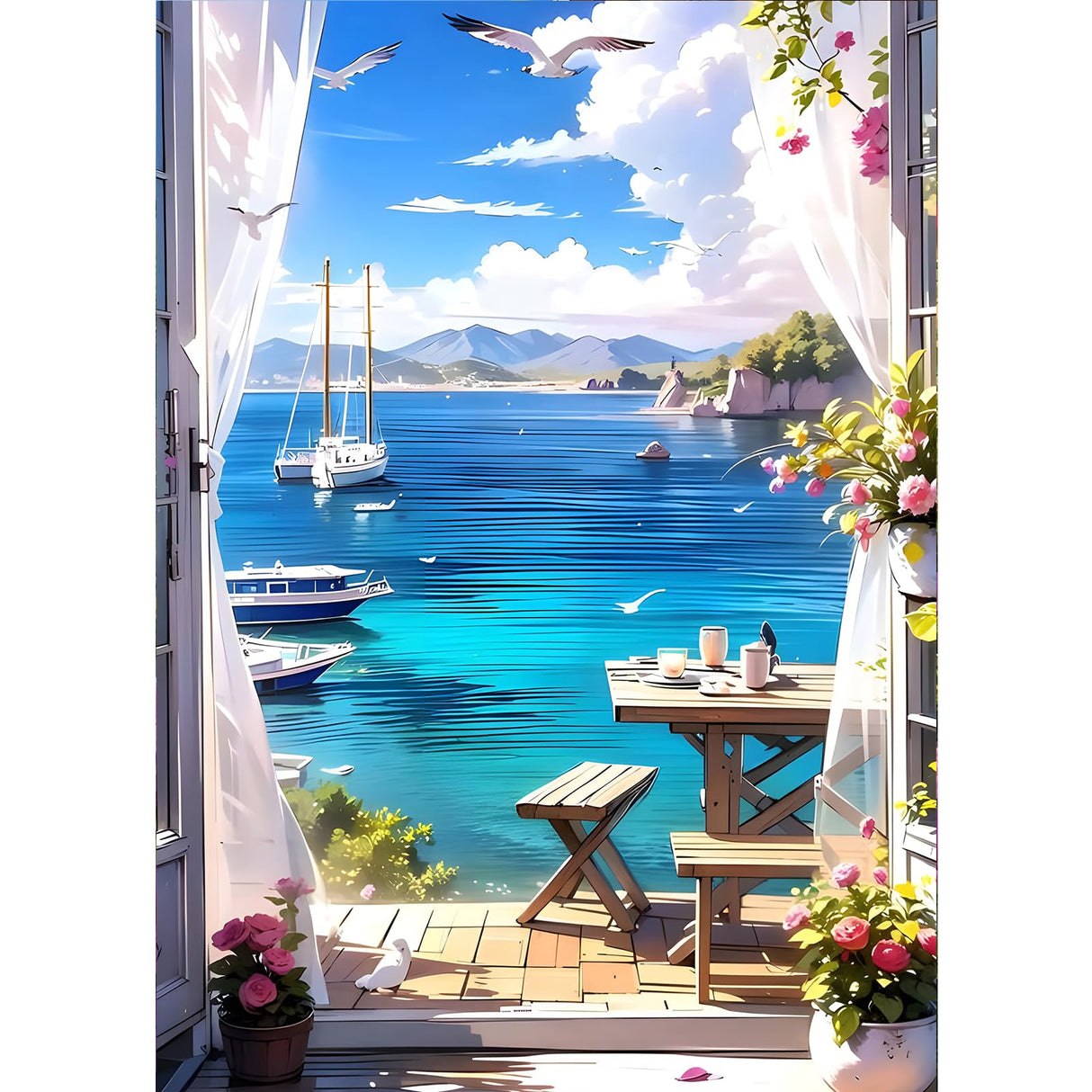 GDYEEH DIY 5D Sea View Room Diamond Art Painting Kits, Flowers Full Round Drill Sparkling Diamond Painting Picture, Boat Diamond Painting Art Craft Kits for Adults Beginners, Home Wall Decor 12x16inch GDYEEH