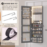 Vlsrka 47.2" LED Grey Jewelry Mirror Cabinet, Wall/Door Mounted Jewelry Armoire Organizer with Full-Length Mirror, Large Capacity Storage Hanging Cabinet, 4 Drawers, 5 Shelves, Built-in Lighted Mirror Vlsrka