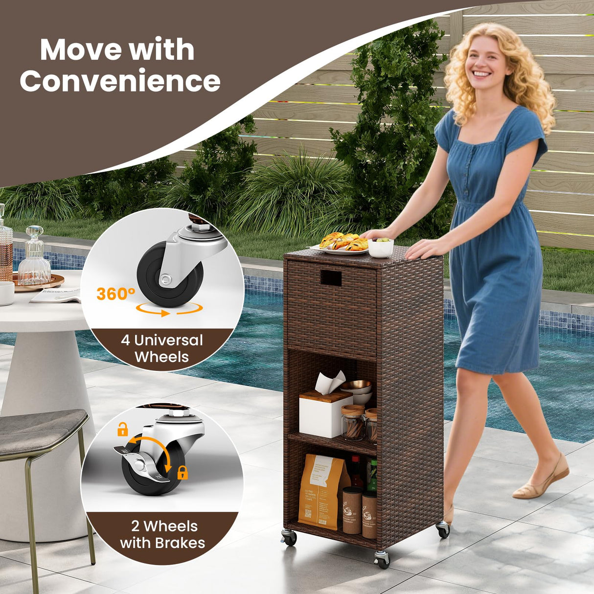 Tangkula Rattan Outdoor Storage Cabinet, Patiojoy Outdoor Wicker Cabinet with 3 Shelves, 1 Removable Drawer, 4 Wheels, Patio Storage Deck Box Cart for Backyard Poolside Porch (Mix Brown) Tangkula