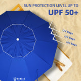 AMMSUN 8 Feet Large Beach Umbrella with Sand Anchor Heavy Duty High Wind Portable Outdoor Umbrellas UPF 50+ Protection Air Vent Tilt Patio Garden Pool Blue AMMSUN