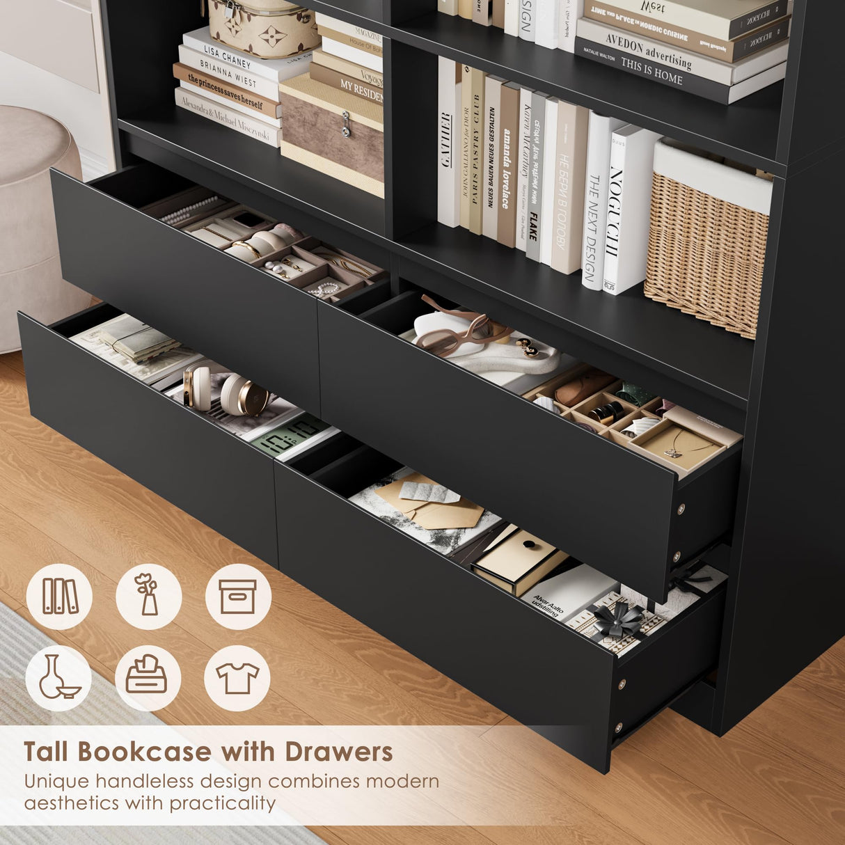 FINETONES 71" Black Bookshelf with Drawers, 47.3" Double Wide Bookshelves and Bookcases with Storage, Tall Bookshelf Large Open Book Shelf Standing Book Case for Home Office, Black FINETONES