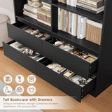 FINETONES 71" Black Bookshelf with Drawers, 47.3" Double Wide Bookshelves and Bookcases with Storage, Tall Bookshelf Large Open Book Shelf Standing Book Case for Home Office, Black FINETONES