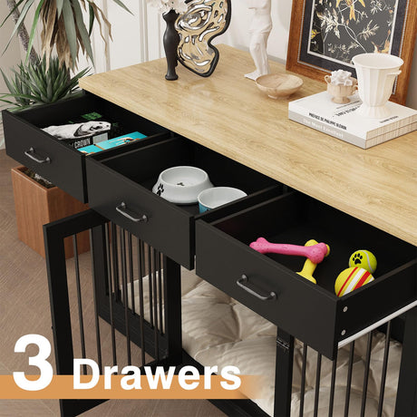 PIAOMTIEE 55.3" Extra Large Dog Crate Furniture, Indoor Heavy Duty Dog Kennel House with 3 Drawers, Modern Furniture Dog Crate Side End Table TV Stand for XL Large Medium Breed Dogs, Black PIAOMTIEE