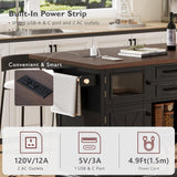 Merax 54.9" Kitchen Island with Drop Leaf, Power Outlet, Rolling Kitchen Storage Cart on 4 Wheels with 4 Door Shelves, Cross Barn Doors & Visual Glass Door for Dining Room,Brown Merax