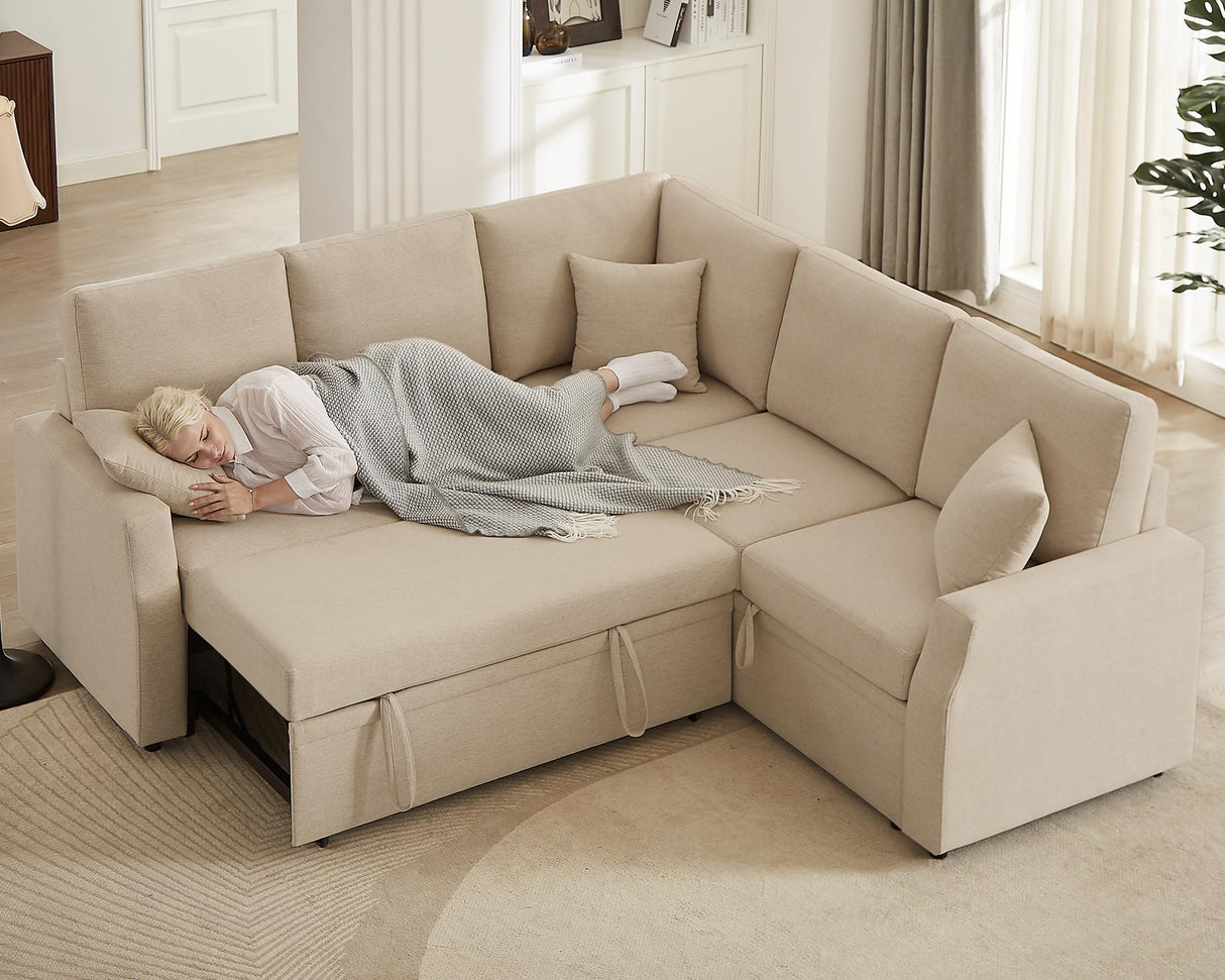 AMERLIFE 85 Inch Sofa Bed, Oversized L Shape Couch with Pull Out Bed & Storage Seat, Oversized Reversible Sleeper Sofa for Living Room Apartment, Beige Linen Couch AMERLIFE