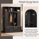 Merax 59" Farmhouse Hall Tree with Golden Hooks & Walnut Bench, Entryway Organizer with Adjustable Shelves, Shoe Storage, Anti-Tip for Mudroom, Living Room, Black Merax