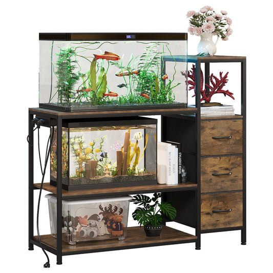 Welfuturer 20 Gallon Aquarium Stand with Power Outlets Rustic Fish Tank Stand with 3 Drawers Metal Frame Heavy Duty Reptile Tank Stand with 3-Tier Storage Shelves for Home Office, Brown