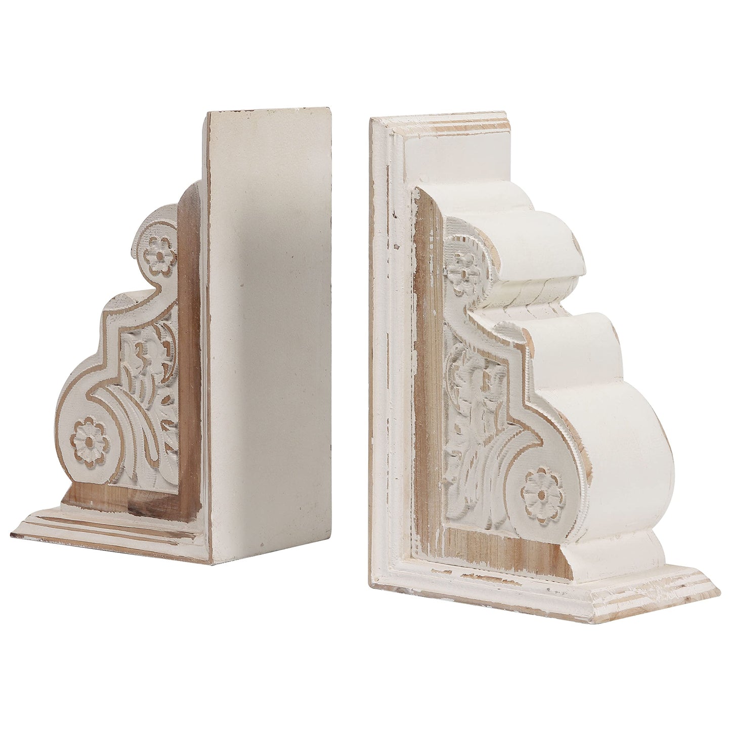 1 Pair Rustic Distressed Finish Wood Bookends, White Bookends Decorative Unique, Carved Pattern Farmhouse Book Ends for Shelves, Bookends for Heavy Books, Wooden Corbels for Home Room Decor