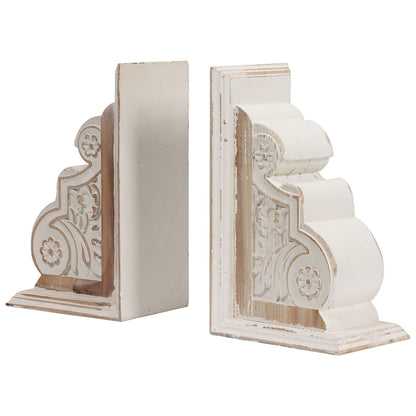 1 Pair Rustic Distressed Finish Wood Bookends, White Bookends Decorative Unique, Carved Pattern Farmhouse Book Ends for Shelves, Bookends for Heavy Books, Wooden Corbels for Home Room Decor