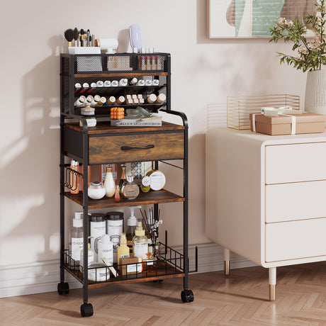 Homsorout Art cart, 3 Tier Rolling Cart - Utility Cart with Storage Drawer and Wheels, Versatile Art & Craft Organizer for Home, Office, or Studio Ideal for Storing Brushes, Paints （Brown） Homsorout