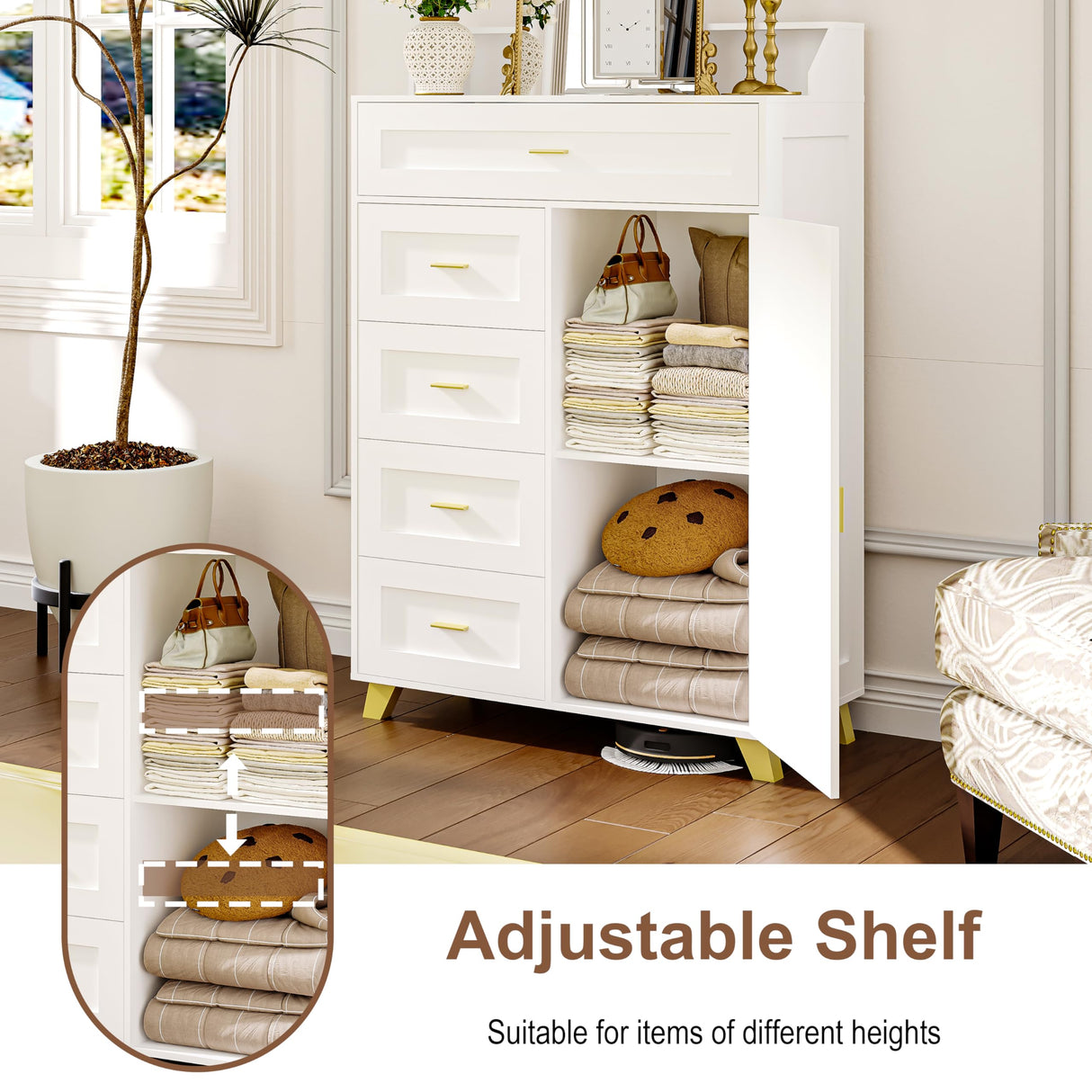 VoirStar 5 Drawers Dresser for Bedroom, Farmhouse Chest of Drawers Wood Chest of Drawers Dresser with Door, Modern Tall Dressers with LED Light, 5 Drawers Chest White Men’s Dresser with Shelves VoirStar