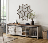 WAMPAT Farmhouse TV Stand for ups to 75 inch TV, Wooden Entertainment Center with Mesh Barn Doors, Media Console with Storage Shelf for Living Room Bedroom, Rustic Oak and White WAMPAT