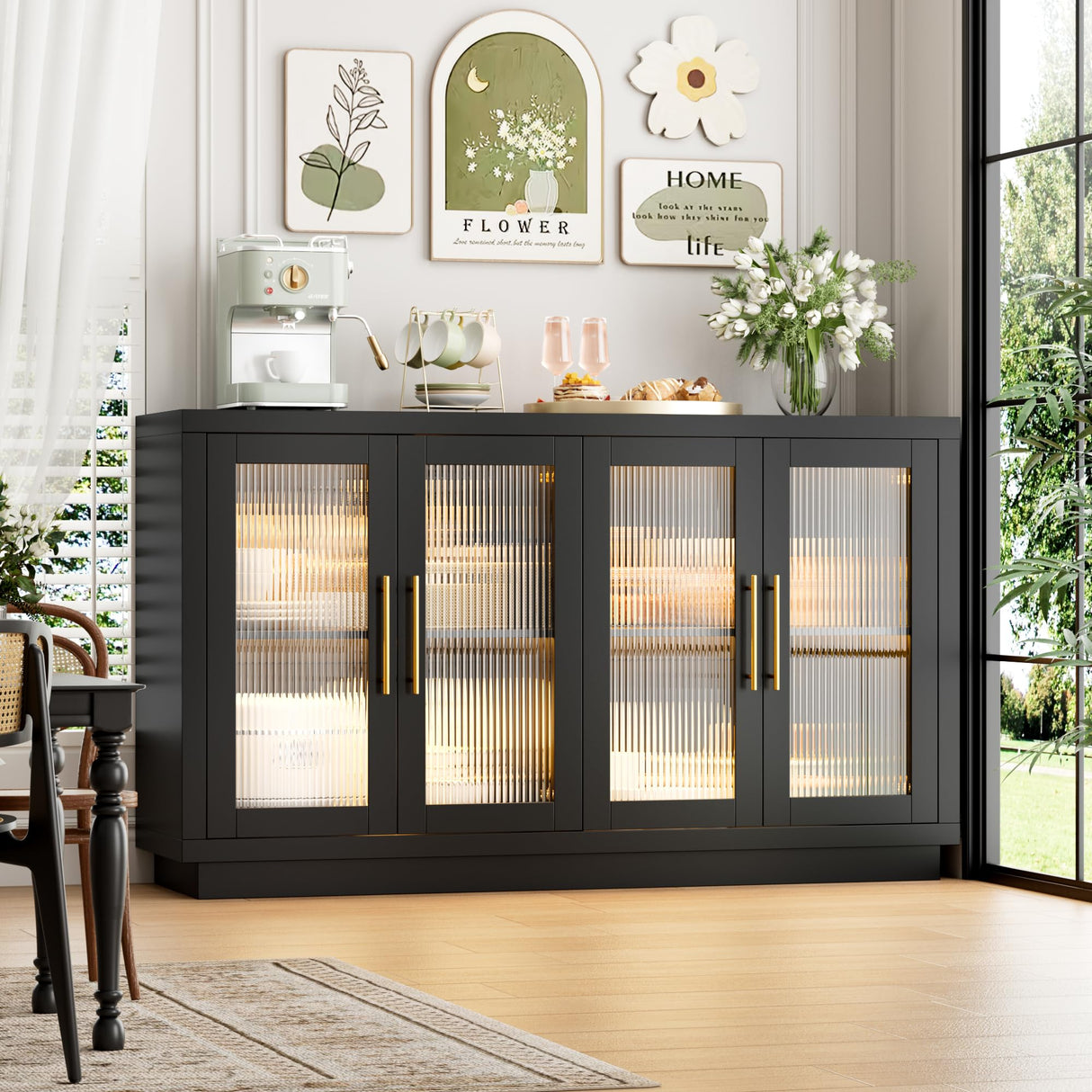 FOTOSOK Buffet Cabinet with Storage, 55.1" Large Sideboard Buffet Cabinet, Modern Sideboard Kitchen Cabinet with 4 Fluted Glass Doors, Wood Coffee Bar Cabinet Buffet Table for Kitchen, Black FOTOSOK