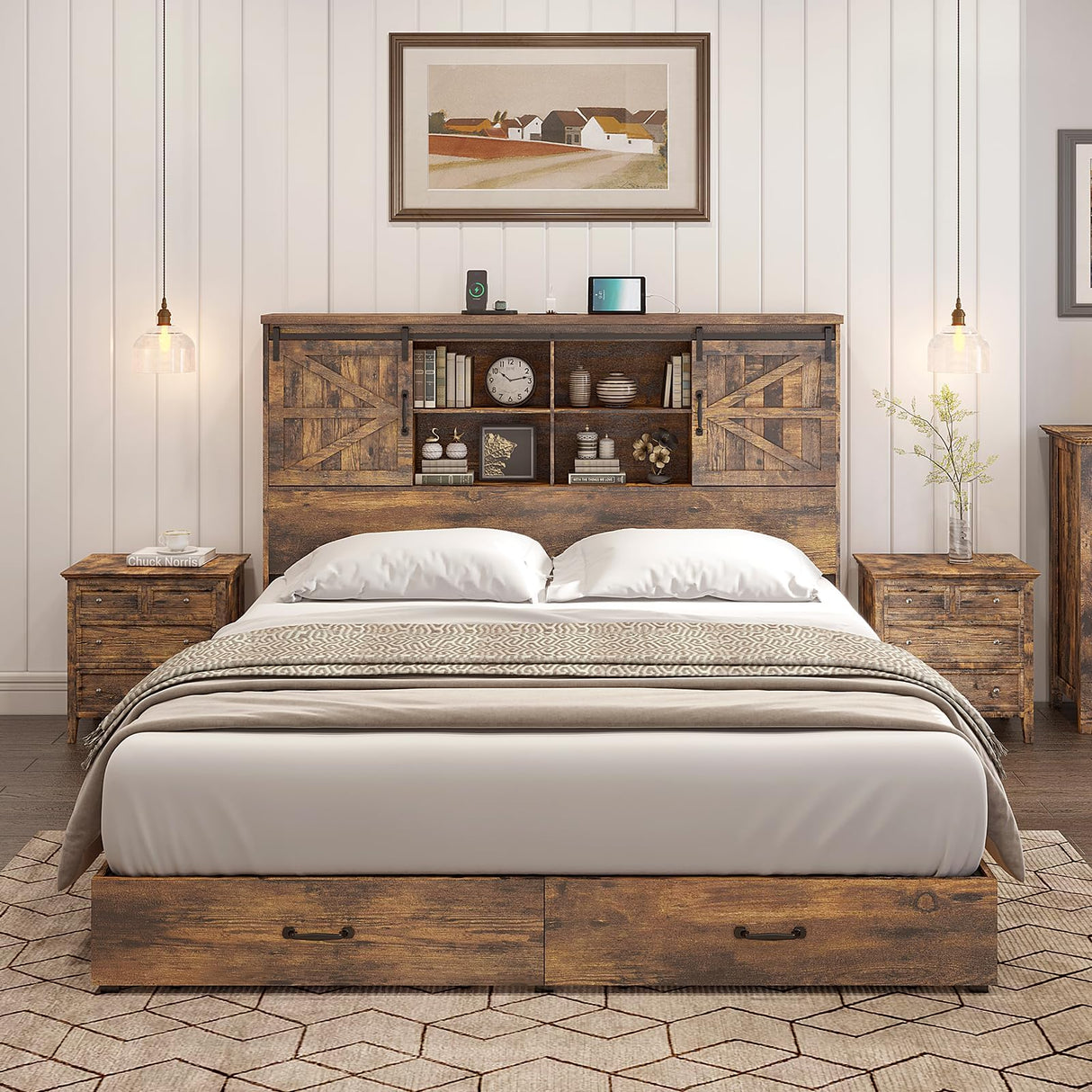 HOWE King Size Bed Frame, Wood Platform Bed Frame with 51.2" Bookcase Headboard, Storage Bed with Sliding Barn Door Charging Station 2 Drawers, No Box Spring Needed/Rustic Brown HOWE
