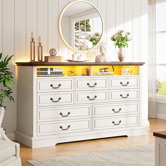 EnHomee Farmhouse Dresser with LED & Power Outlet 55.2''W Wood Dresser for Bedroom White 10 Drawers Dresser Vintage Dressers & Chests of Drawers Dresser TV Stand, Hallway, Antique White - WoodArtSupply