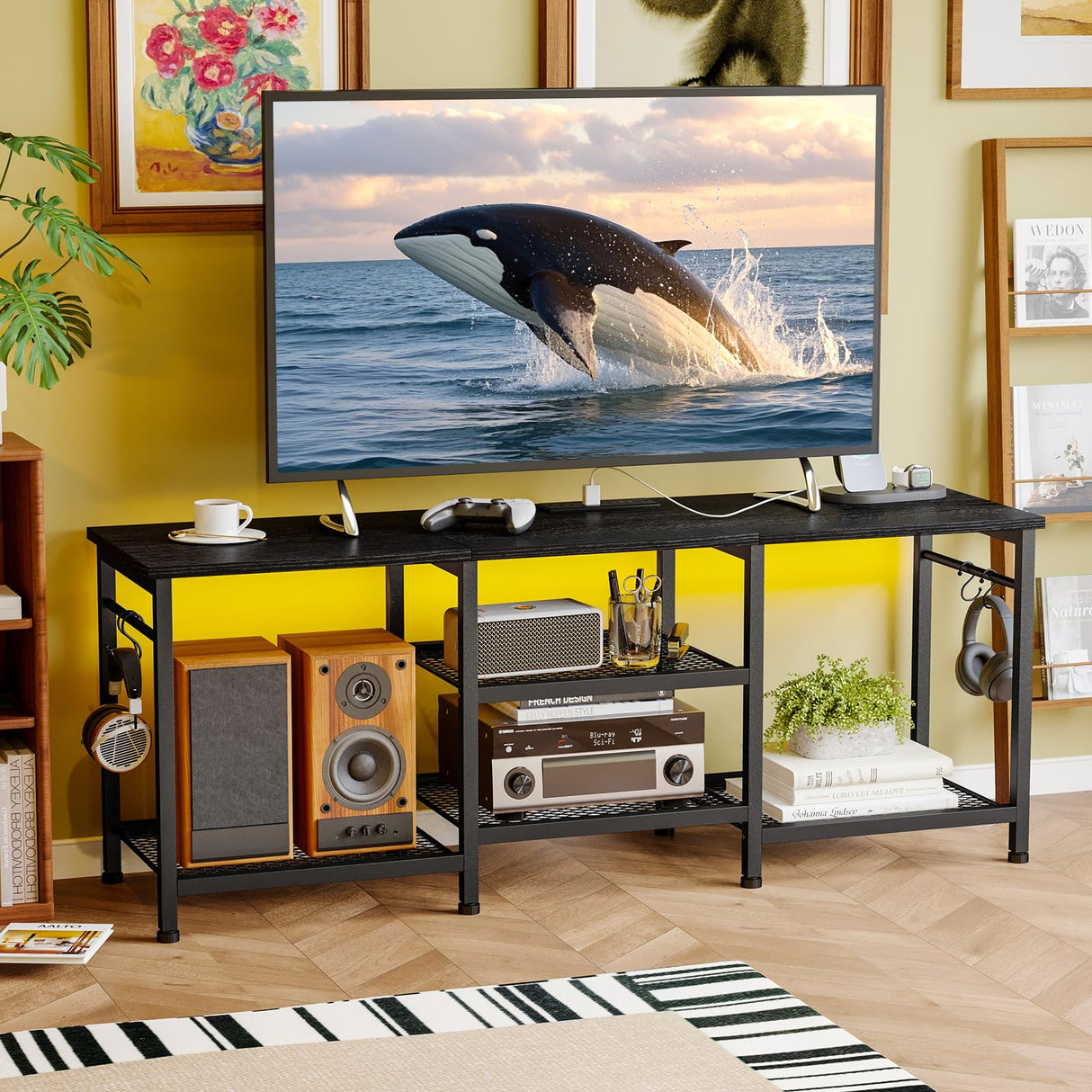 YGEOMER Black TV Stand Entertainment Center for 55 Inch TVs, with Charging Station and Lights Open Storage Shelves, TV Media Console, Open Storage Shelf with Sound Rack for Living Room, Bedroom YGEOMER