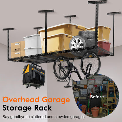 Rengue Overhead Garage Storage Rack 4 x 8FT Adjustable Height Garage Ceiling Storage Racks Organization System Heavy Duty Cold Rolled Steel Storage Rack for Garage, Warehouse with Hooks