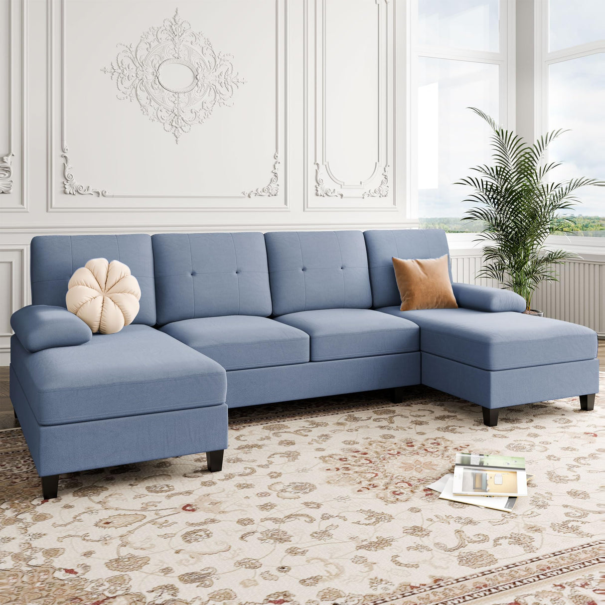 Shintenchi Sectional Couches for Living Room, U Shaped Sofa Couch with Double Chaise, 4-Seat Living Room Furniture Sets with Soft Cushion & Linen Fabric, Blue Shintenchi