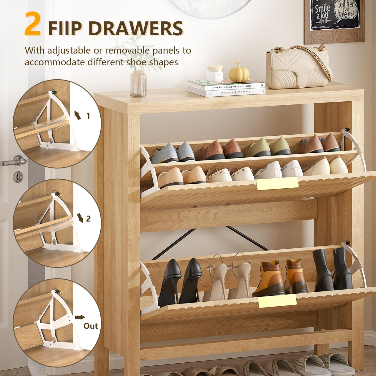 YOMILUVE Shoe Cabinet Storage for Entryway, Fluted Shoe Cabinet with 2 Flip Drawers, Hidden Shoe Rack Tall Freestanding Shoe Organizer with Legs for Hallway, Wood YOMILUVE