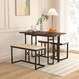 VECELO 43.3" Dining Table Sets, Farmhouse Small Kitchen Table for 4 with 3 Benches Wicker Mats,Metal Frame Space-Saving Adjustable Feets Coffee Table for Home Kitchen Dining, Dark Brown VECELO
