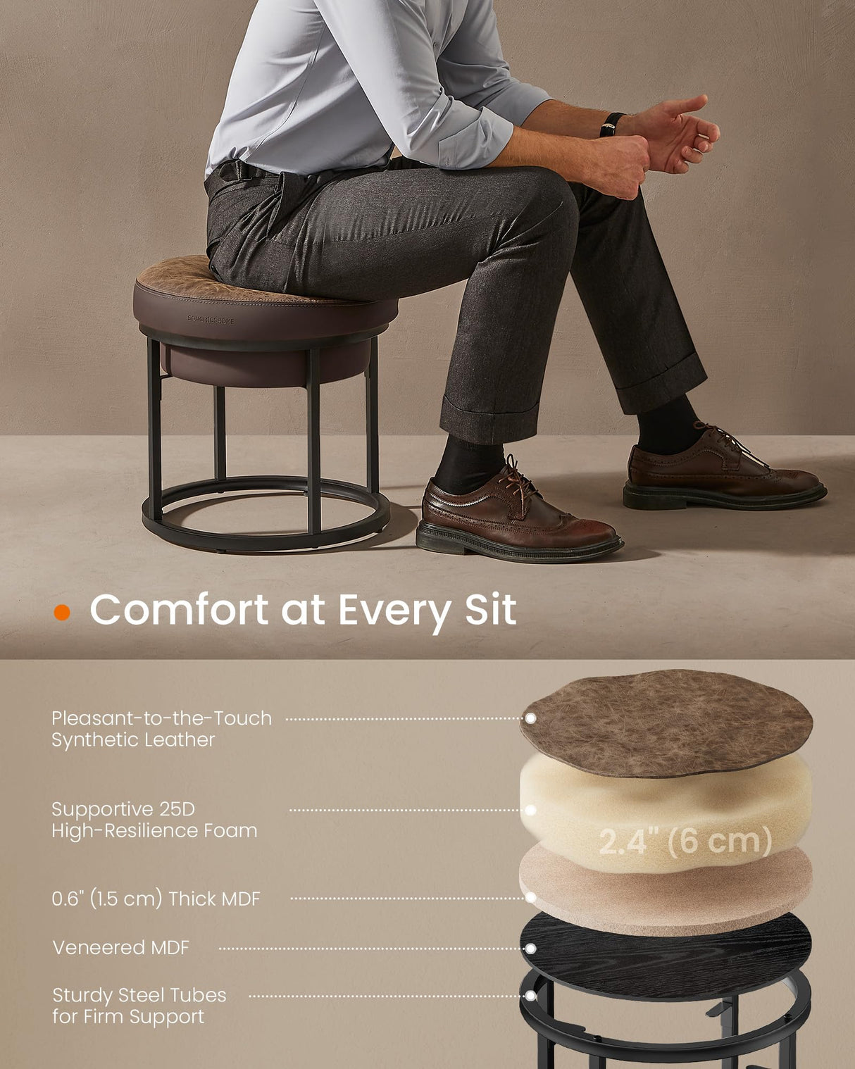 SONGMICS HOME LUIZ Collection - Ottoman Footstool, Round Ottoman, Vanity Chair Stool, Footrest, Reversible Top, Side Table, Max. Load 660 lb, Bedroom Living Room Entryway, Walnut Brown ULOM080K01 SONGMICS HOME