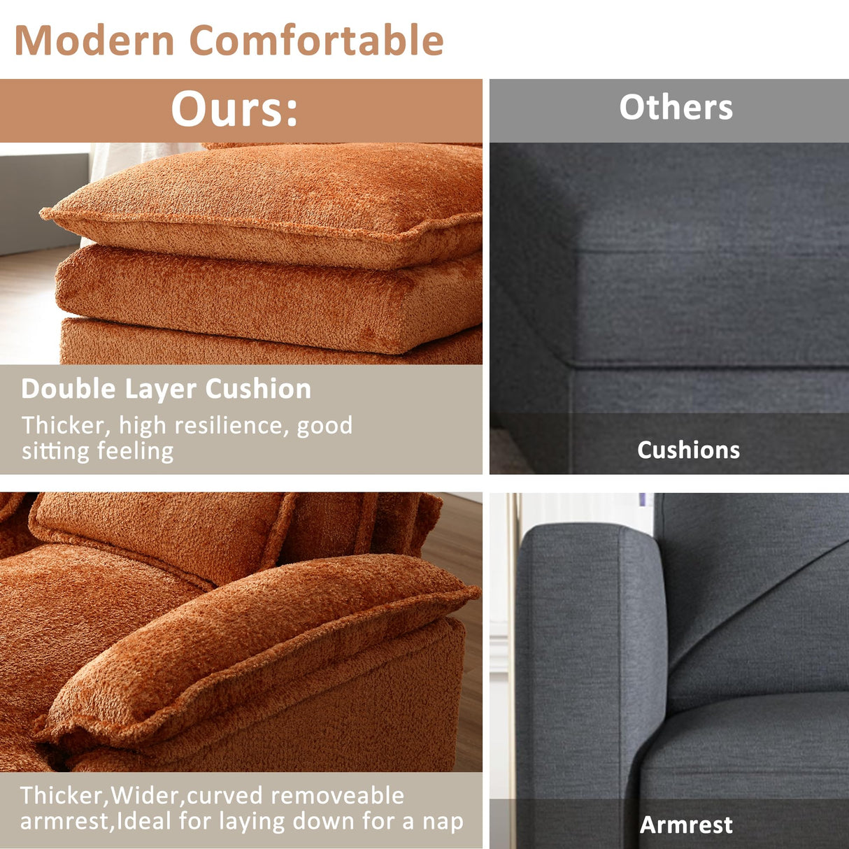 GNIXUU 112" Oversized Sectional Sofa Cloud Couch for Living Room, Modern Chenille L Shaped Couch, Comfy Boucle Modular Sofa Sleeper with Moveable Ottoman & Memory Foam(Orange) GNIXUU