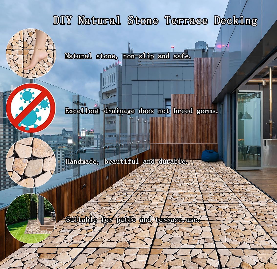 Decking Natural Pebble Interlocking Floor Patio Tiles, Indoor & Outdoor Interlocking Tiles 12"x12" 6pcs - A Great Upgrade Option for Garden Patio Path (Khaki) TEASFUSION
