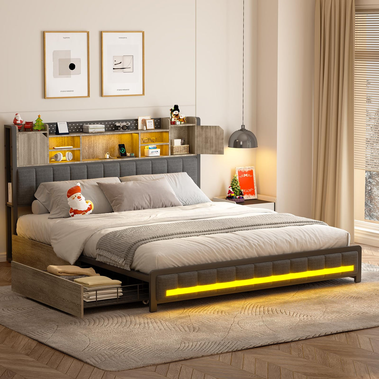 CSZZD Full Bed Frame with 4 Storage Drawers, Bookcase Headboard & USB Charging Station, Upholstered Metal Platform Bed in Oak Gray CSZZD