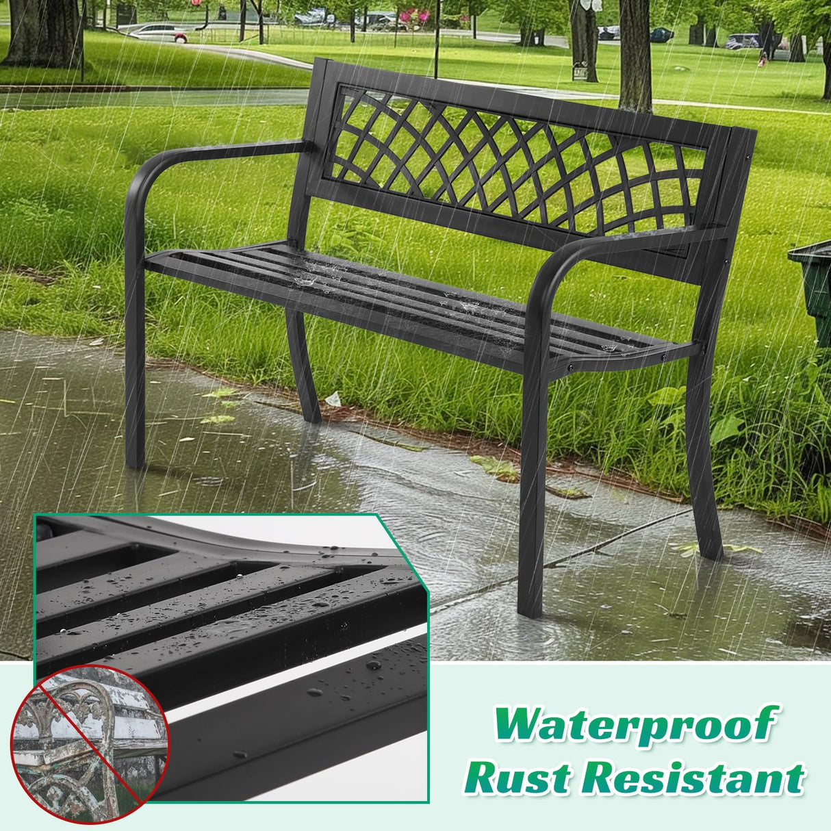 Dkeli Patio Outdoor Bench Park Metal Sturdy Cast Iron Garden Benches Porch Chair Seat Furniture with Armrests 480BLS Bearing Capacity for Park Yard Deck Entryway, Black Dkeli