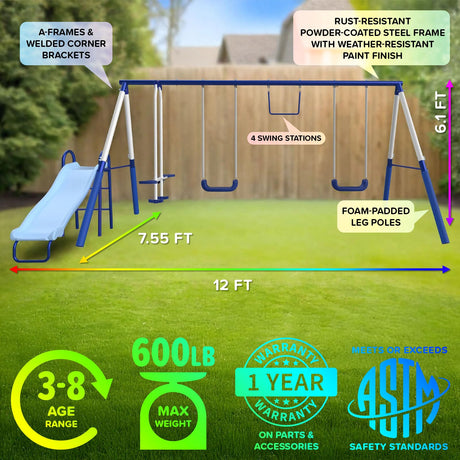Sportspower Arcadia Star Burst Swing Set: Outdoor Heavy-Duty Metal Playset for Kids Aged 3-8 with LED Light Up Slide, Swings & Trapeze Sportspower