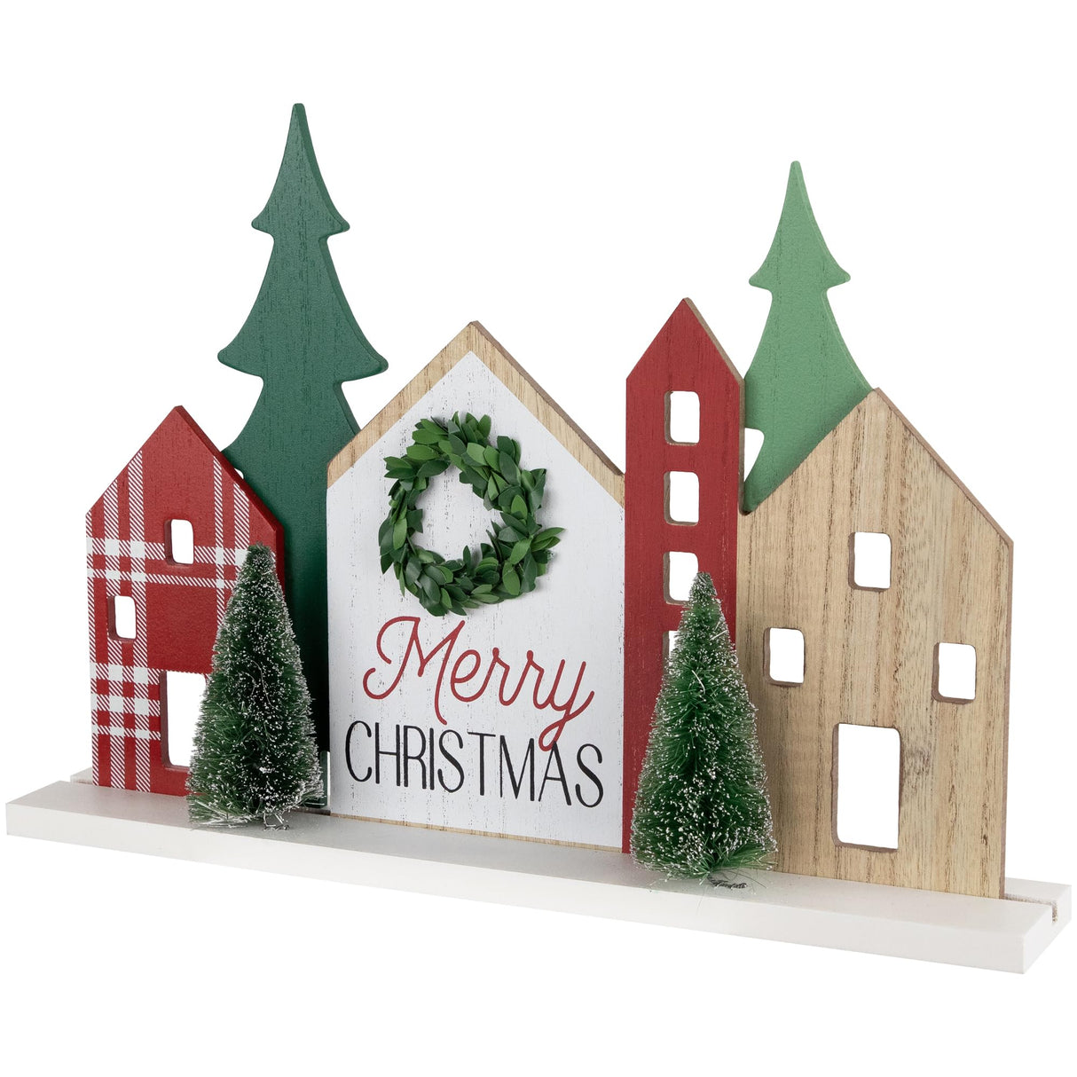 Northlight Wooden Merry Christmas Houses with Trees Decoration - 15" - Red and Green Northlight