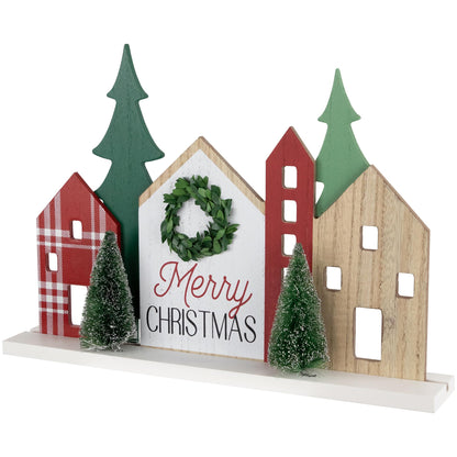 Northlight Wooden Merry Christmas Houses with Trees Decoration - 15" - Red and Green