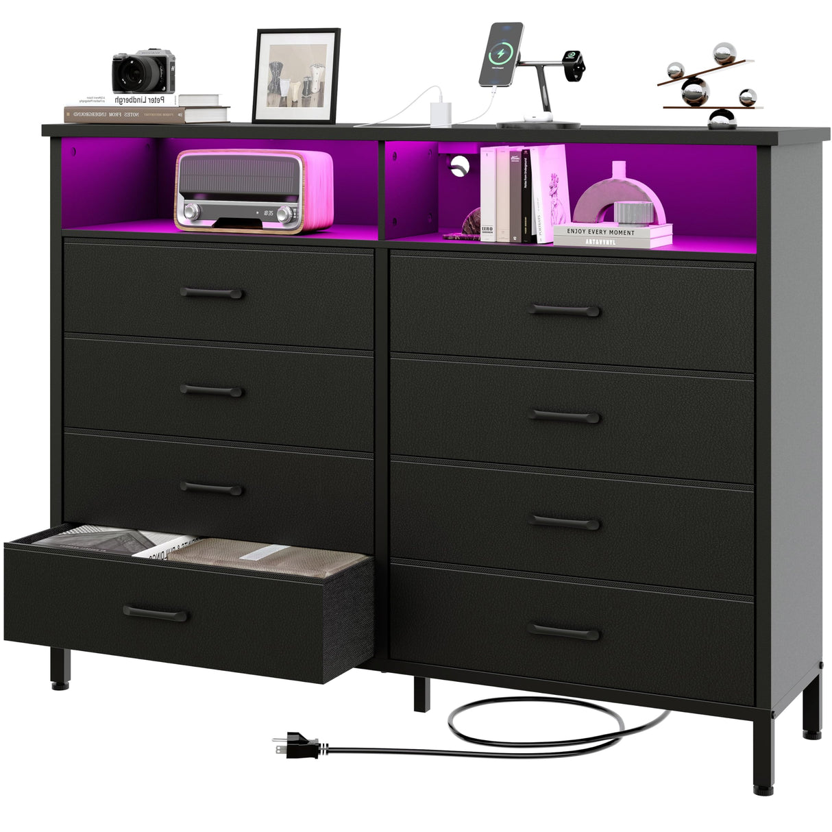 Dresser for Bedroom Black Bedroom Dresser with LED Lights and Charging Station, 8 Long Fabric Drawers Dresser, Tall Wide Chest of Drawers Storage Organizer TV Stand for up to 60" TV for Living Room SOOWERY