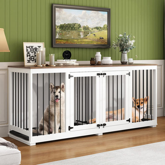 DAWNSPACES Dog Crate Furniture, 71" Heavy Duty Wooden Large Dog Kennel with Trays & a Removable Divider, Indoor Furniture Style Dog Crate House with Double Rooms for Large Medium Small Dogs, White