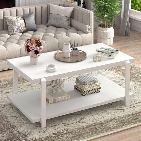 FOLUBAN White Coffee Table, Modern Rustic Wood and Metal Center Table with Storage Shelf, Rectangle Cocktail Tea Table for Living Room, 42 Inch FOLUBAN