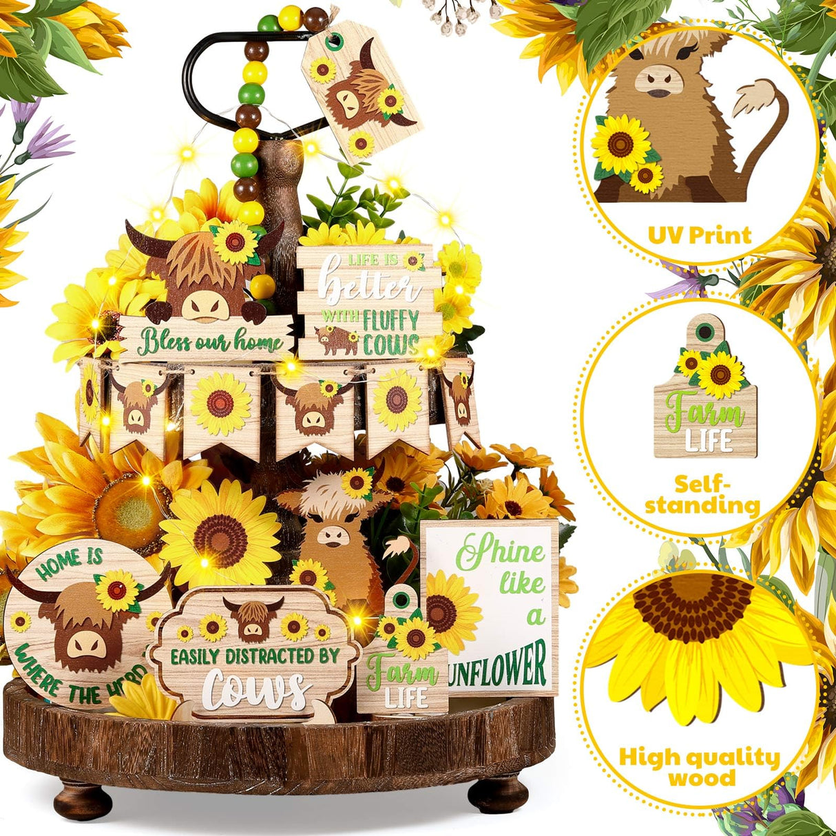 GlikCeil 20 Pcs Highland Cow Tiered Tray Decor Farmhouse Sunflower Decor Farmhouse Cow Tiered Tray Decoration Set Sunflower Wooden Sign Table Centerpiece for Summer Home Kitchen Shelf Party Decoration GlikCeil