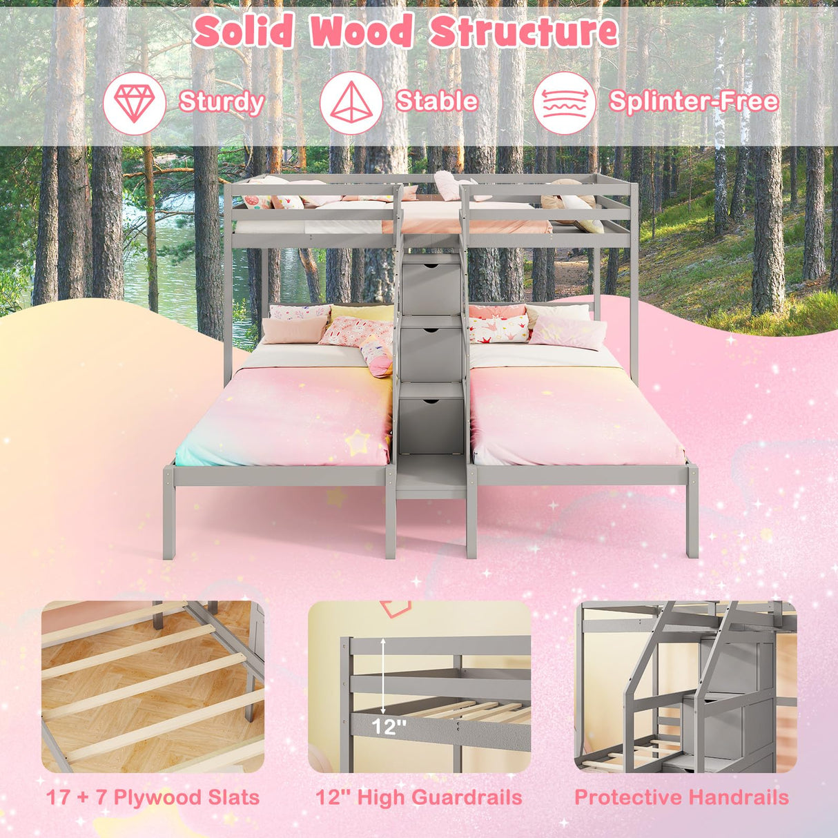 Giantex Twin Over Twin & Twin Bunk Bed, Triple Bunk Beds with 4-Step Storage Stair, Guardrail & Solid Wood Structure, Wooden 3 Bunk Beds for Kids Teens, No Box Spring Needed, Grey Giantex