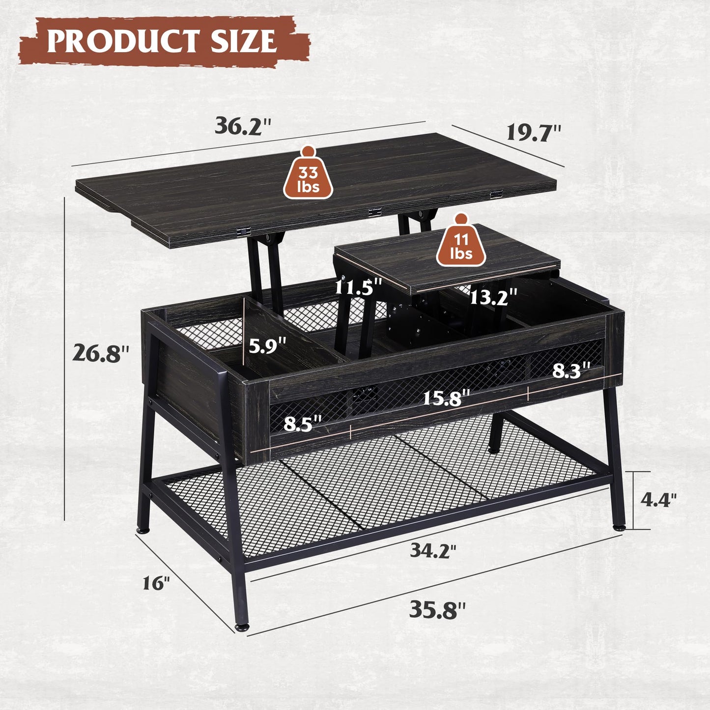 WLIVE Lift Top Coffee Table, 3 in 1 Multi-Function Coffee Table with Storage, Hidden Compartment and Metal Frame, Coffee Table Converts to Dining Table for Living Room Home Office, Charcoal B - WoodArtSupply