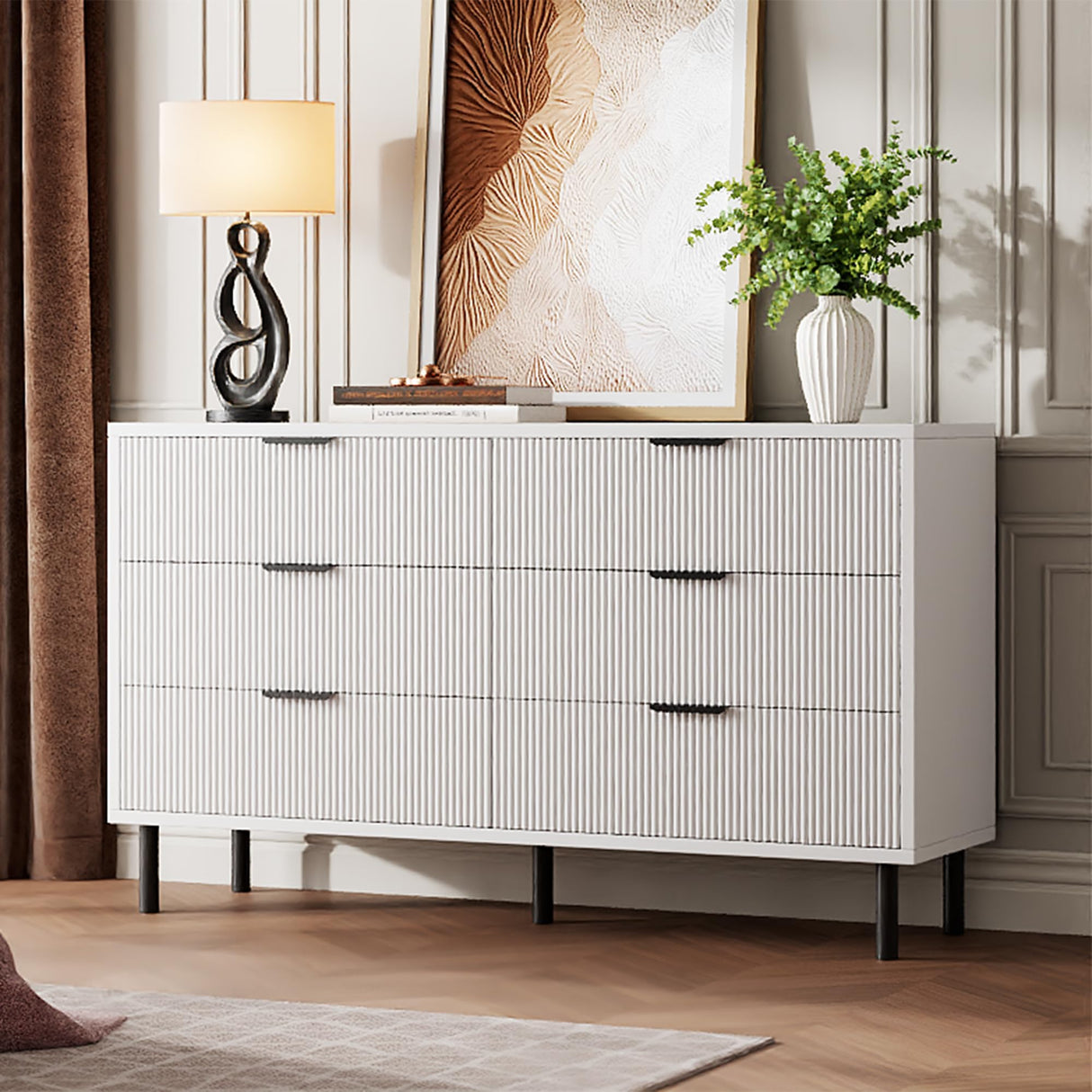 GarveeHome White Fluted 6 Drawer Dresser, Wide Wood Double Dresser with Metal Legs and Handles, Modern Chest of Drawers with Anti-Tipping Design for Bedroom Living Room Hallway GarveeHome