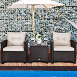 Tangkula 3 Pieces Patio Furniture Set, PE Rattan Wicker 3 Pcs Outdoor Sofa Set w/Washable Cushion and Tempered Glass Tabletop, Conversation Furniture for Garden Poolside Balcony (White) Tangkula
