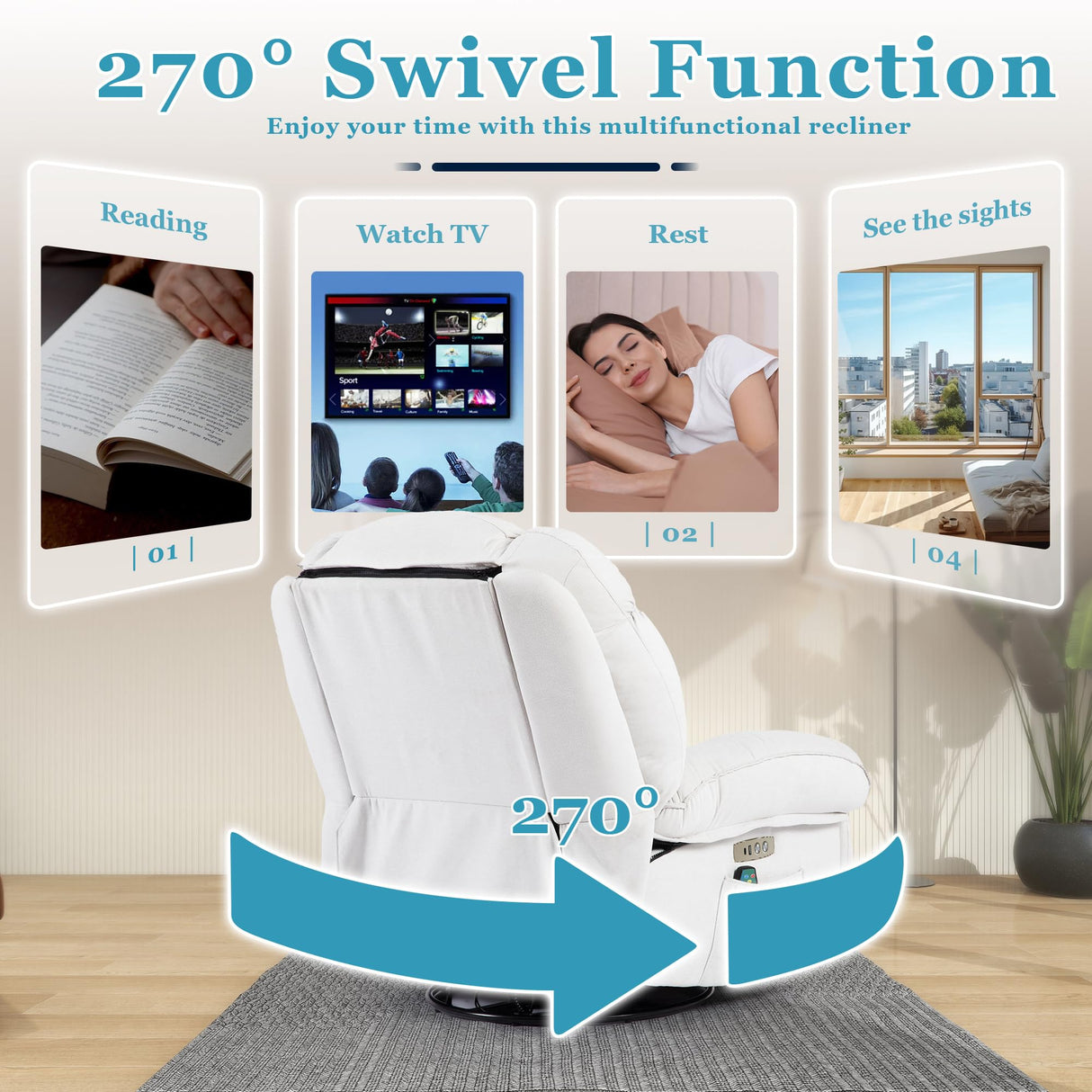 DYHOME Rocking Recliner Chair, Massage Rocker Recliner Chair with Vibration Massage and Heat, White Swivel Chairs, Soft Fabric Single Reclining Sofa for Living Room Bedroom, with USB Port DYHOME