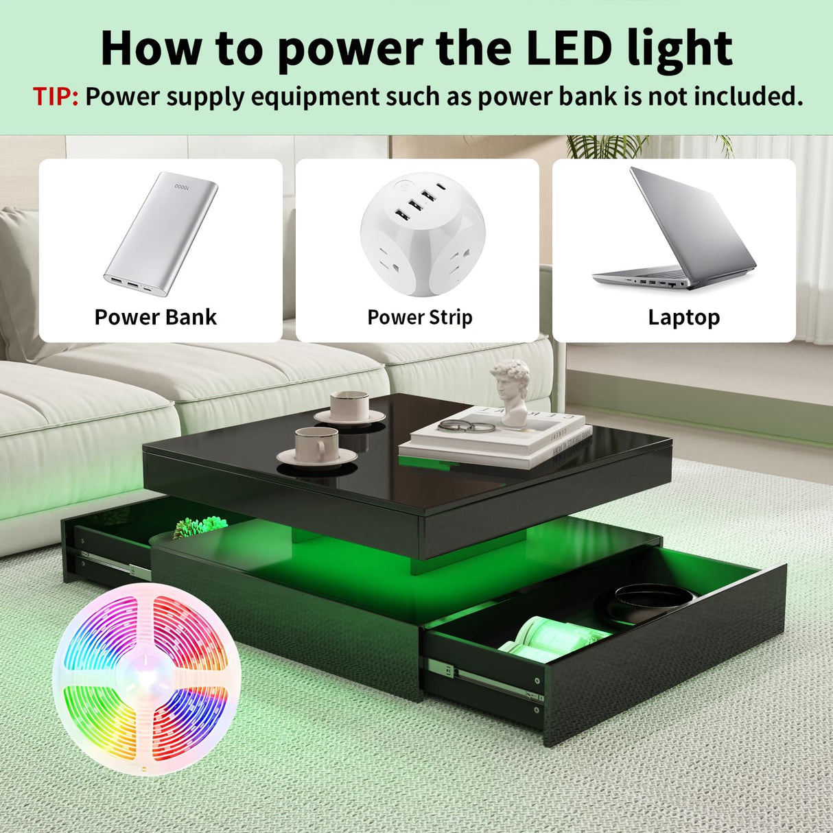 Black Coffee Table Square with LED Lights, High Glossy Center Table with Storage, Lighted Cocktail Table with Sliding Drawers, Modern Mid Century Table for Living Room, Home and Office Generic