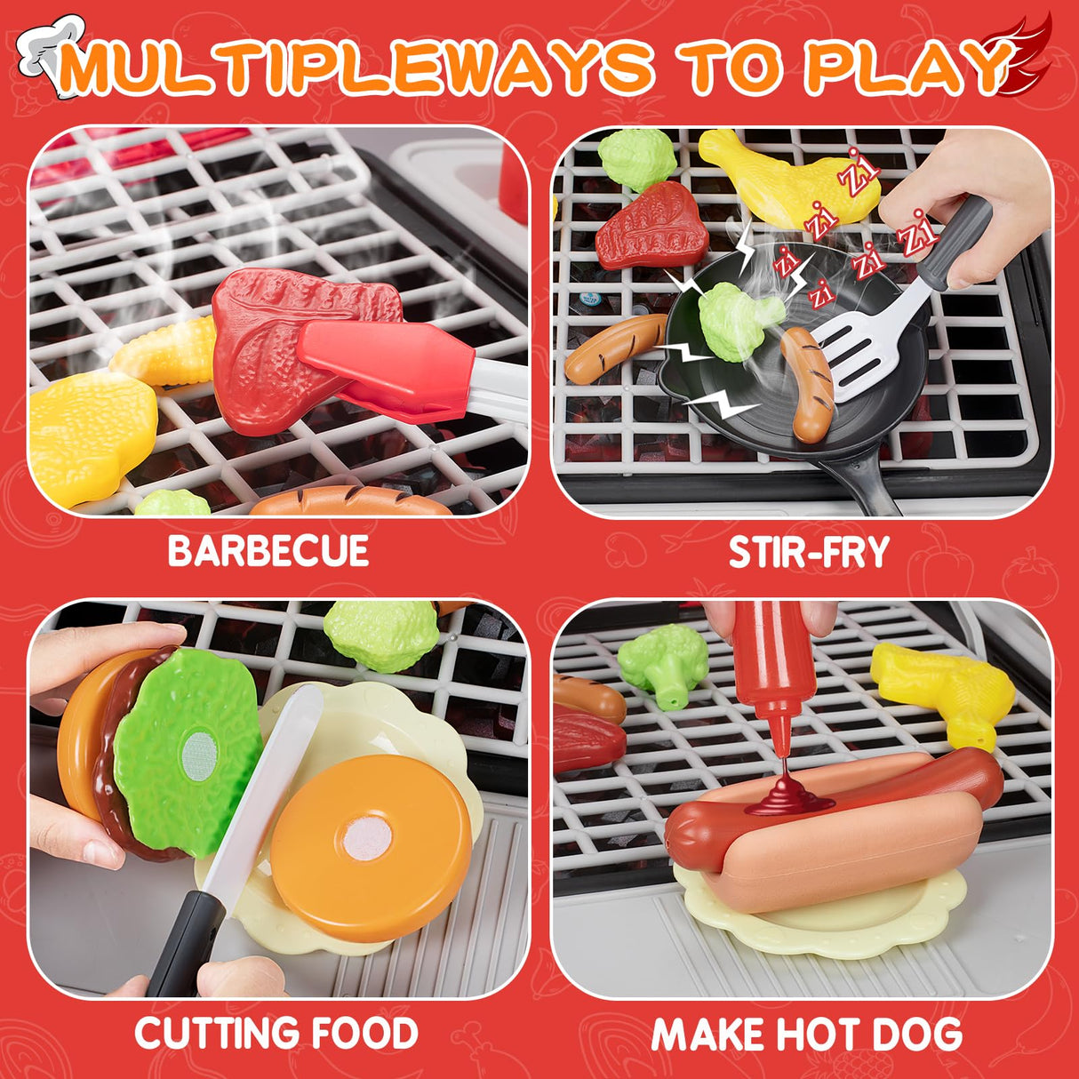 Bstoyder Kids Play Kitchen Toys, Kids BBQ Grill Kitchen Playset with Smoke, Sound & Light, Pretend Play Food Toys Cooking Set, 2-Layer Barbecue Outdoor Play Grill Toy Gift for Toddler Boys Girls 3-5 Bstoyder